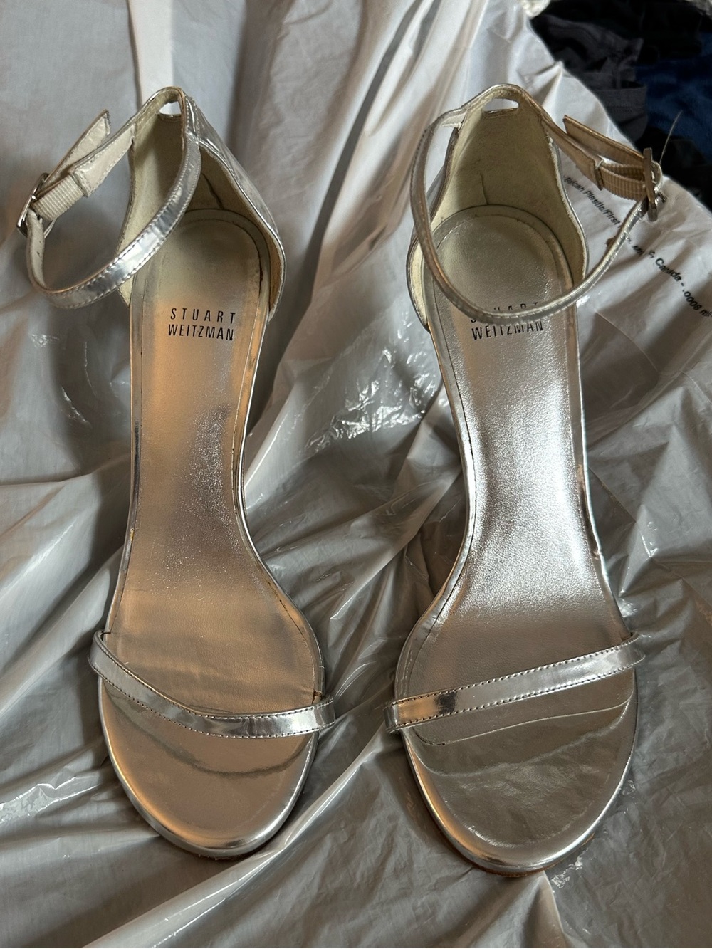 Stuart Weitzman Metallic Silver Ankle-Strap Heels